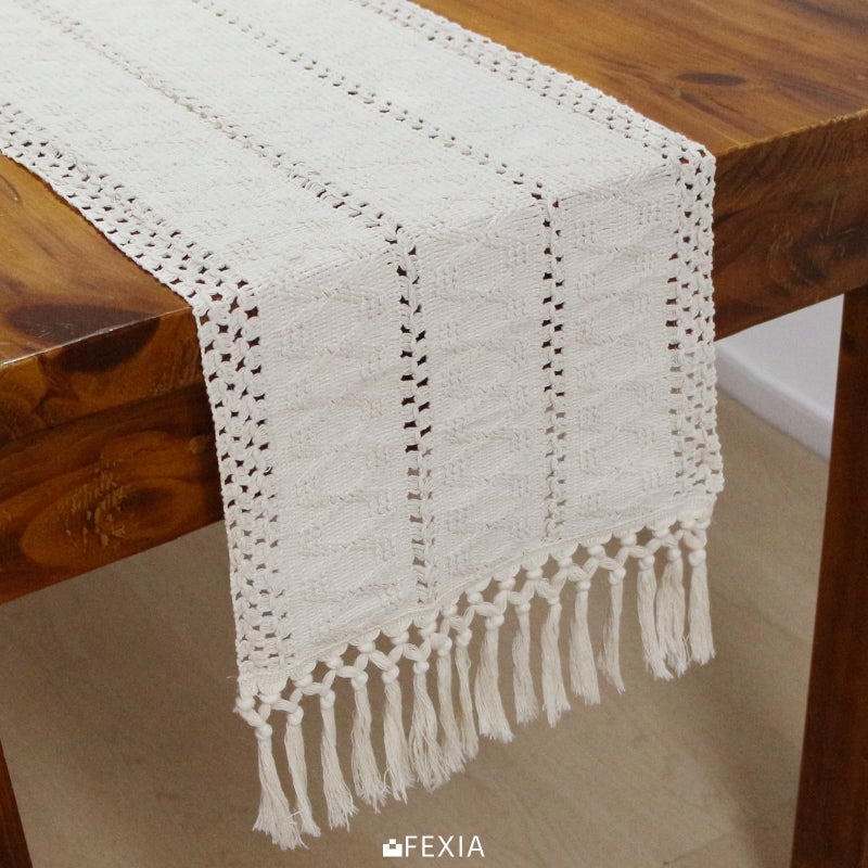 FEXIA Boho Macrame Table Runner with Tassels 36 Inches Long Cream for Farmhouse Home Decor Bohemian Dining Bedroom Decor Rustic Bridal Shower (12x36 Inches) - Image 5