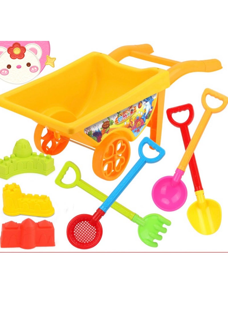 Children's 7-piece Beach Toy Set for Pretend Play - Sand Play Set for Boys and Girls - Includes a Push Cart, Shovels, Spades, Sand Sieves, and Sand Mold Set. The Set Includes a Push Cart, Shovels, Spades, Sand Sieves, and Sand Mold Set. - Image 1