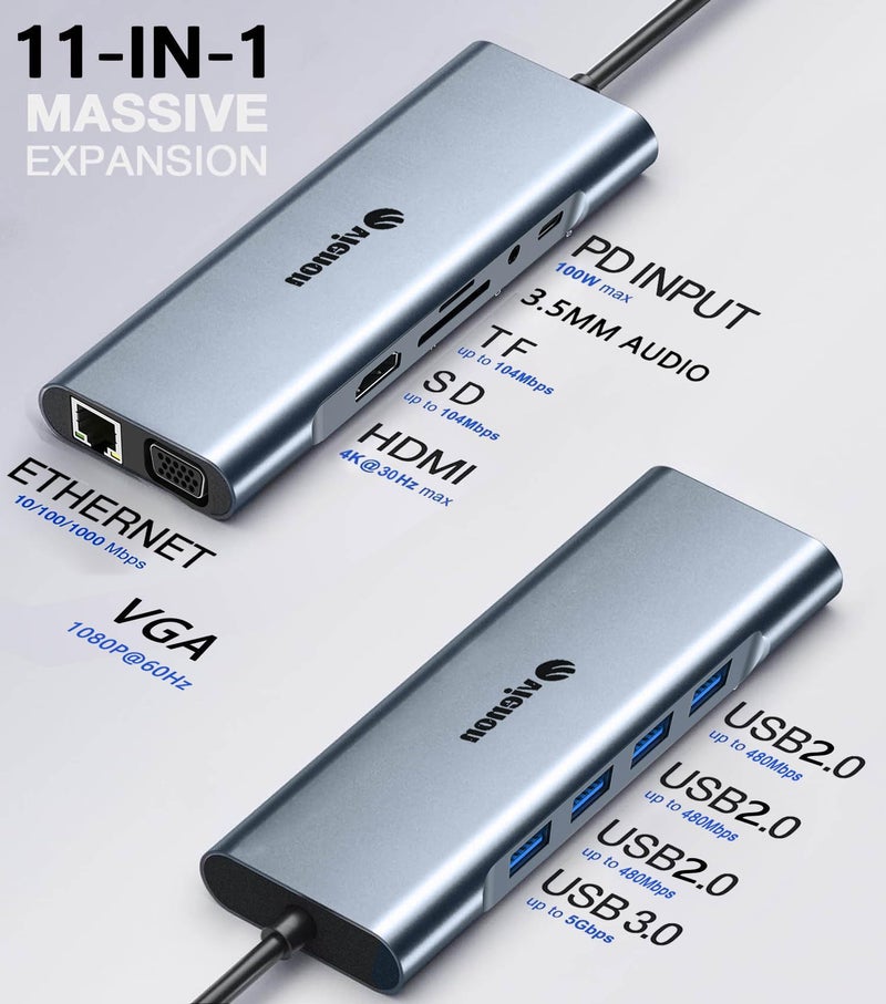 vienon 11-in-1 USB C Hub, Laptop Docking Station with RJ45 Gigabit Ethernet, 4K HDMI, 1080P VGA, SD/Micro SD Card Reader, 3.5 mm Audio Aux Jack, PD 100W Charging, Full Functional USB C Dongle - Image 2