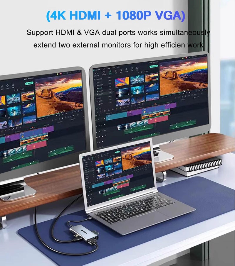 vienon 11-in-1 USB C Hub, Laptop Docking Station with RJ45 Gigabit Ethernet, 4K HDMI, 1080P VGA, SD/Micro SD Card Reader, 3.5 mm Audio Aux Jack, PD 100W Charging, Full Functional USB C Dongle - Image 4