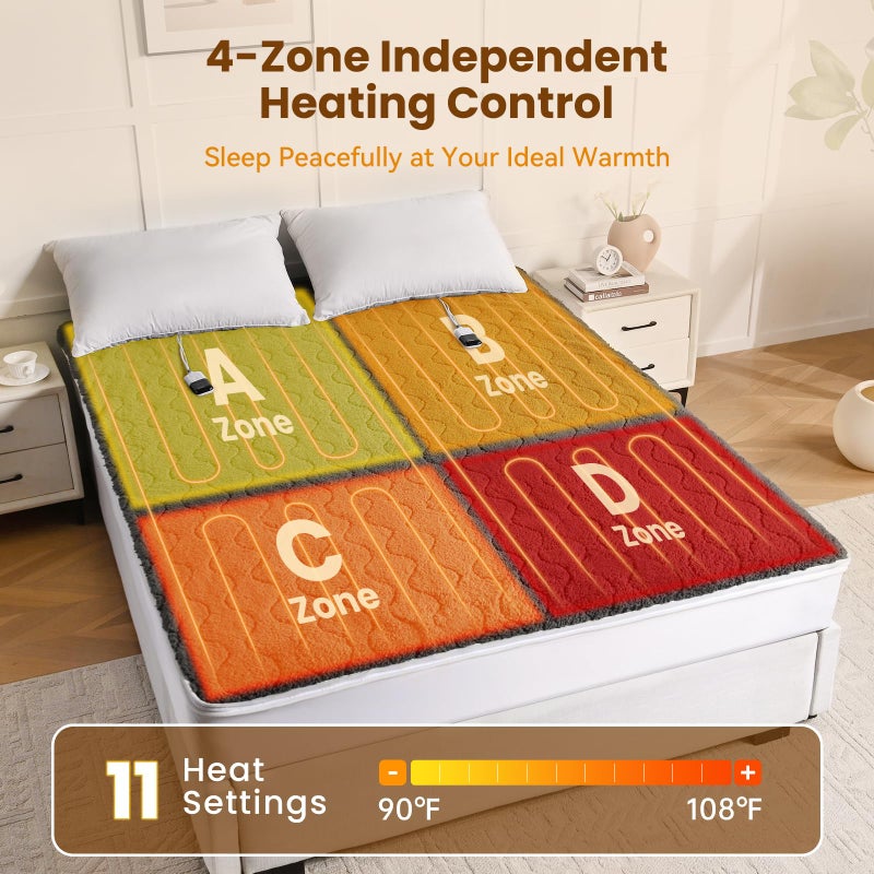 Bearhug Multi-Zone Electric Heated Mattress Pad Queen Size, Dual Control Bed Warmer with Memory & 11 Heat Level, 1-9H Auto Off, Individual Body &Feet Settings, Deep Pocket ETL Certified, Machine Wash - Image 2