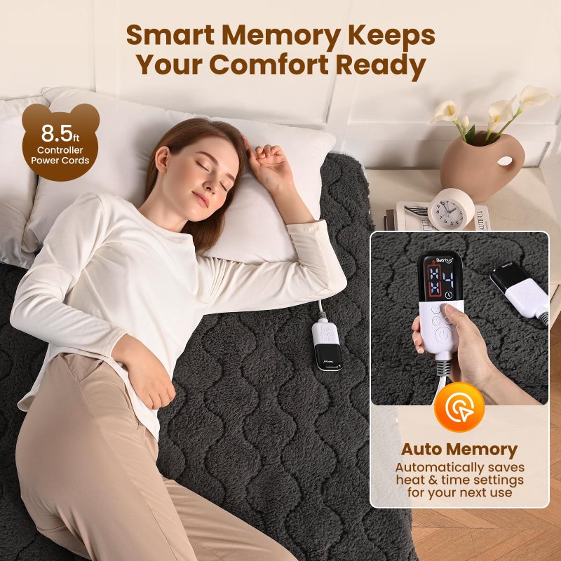 Bearhug Multi-Zone Electric Heated Mattress Pad Queen Size, Dual Control Bed Warmer with Memory & 11 Heat Level, 1-9H Auto Off, Individual Body &Feet Settings, Deep Pocket ETL Certified, Machine Wash - Image 4