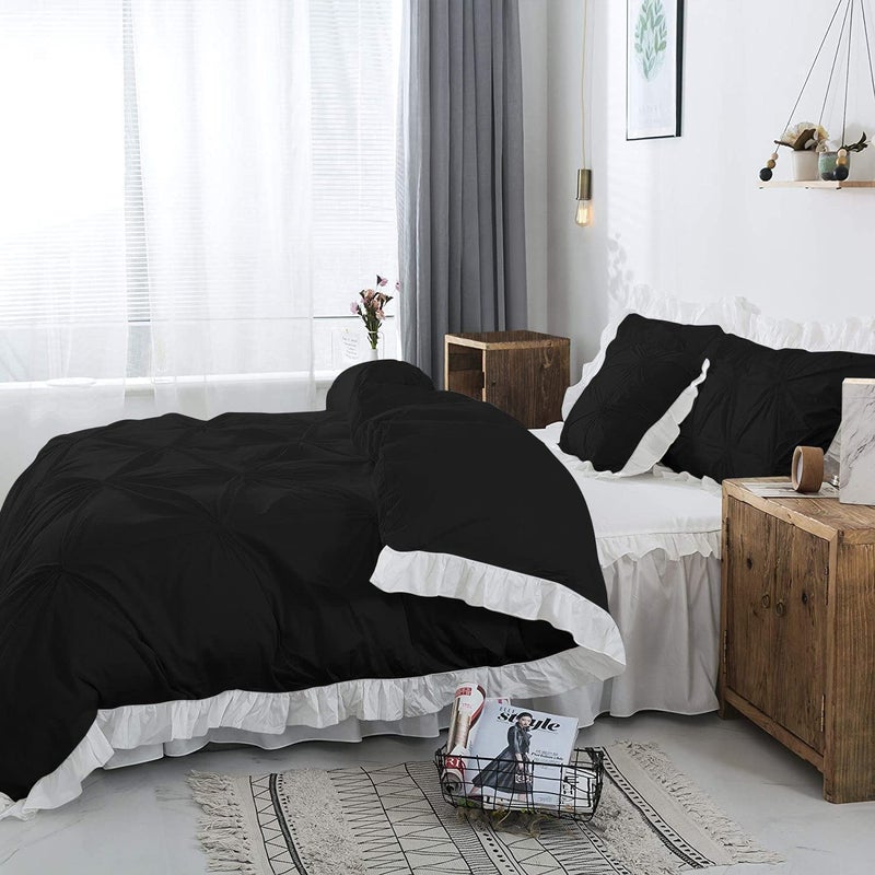 EASY BEDDING 300 TC Pinch Ruffle Solid 2 Tone DuvetRazaiBlanket Cover With 2 Pillow Cover 100 CottonZipper ClosureRazai Cover 3 Pc SetSoftLightweightDouble Size WhiteBlack - Image 3