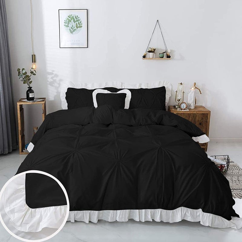 EASY BEDDING 300 TC Pinch Ruffle Solid 2 Tone DuvetRazaiBlanket Cover With 2 Pillow Cover 100 CottonZipper ClosureRazai Cover 3 Pc SetSoftLightweightDouble Size WhiteBlack - Image 1
