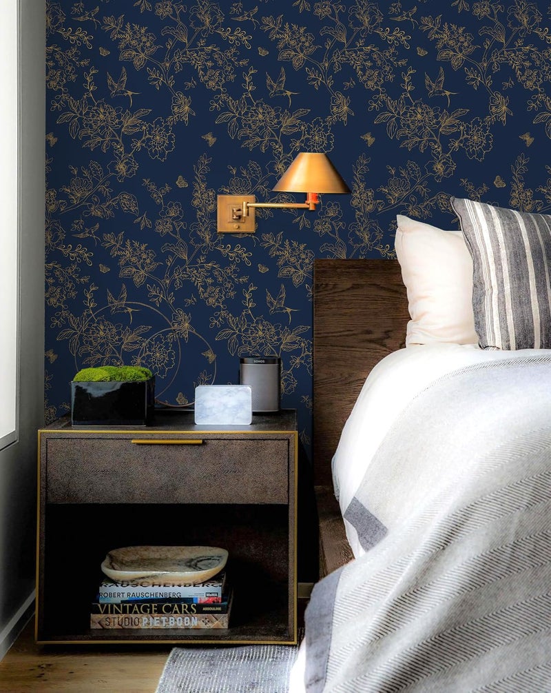 Froluya Dark Blue and Gold Vintage Floral Peel and Stick Wallpaper 17.7"x393.7" Dark Blue Floral Wallpaper Peel and Stick Removable Self Adhesive Wall Paper for Bathroom Bedroom Decorative Vinyl - Image 2
