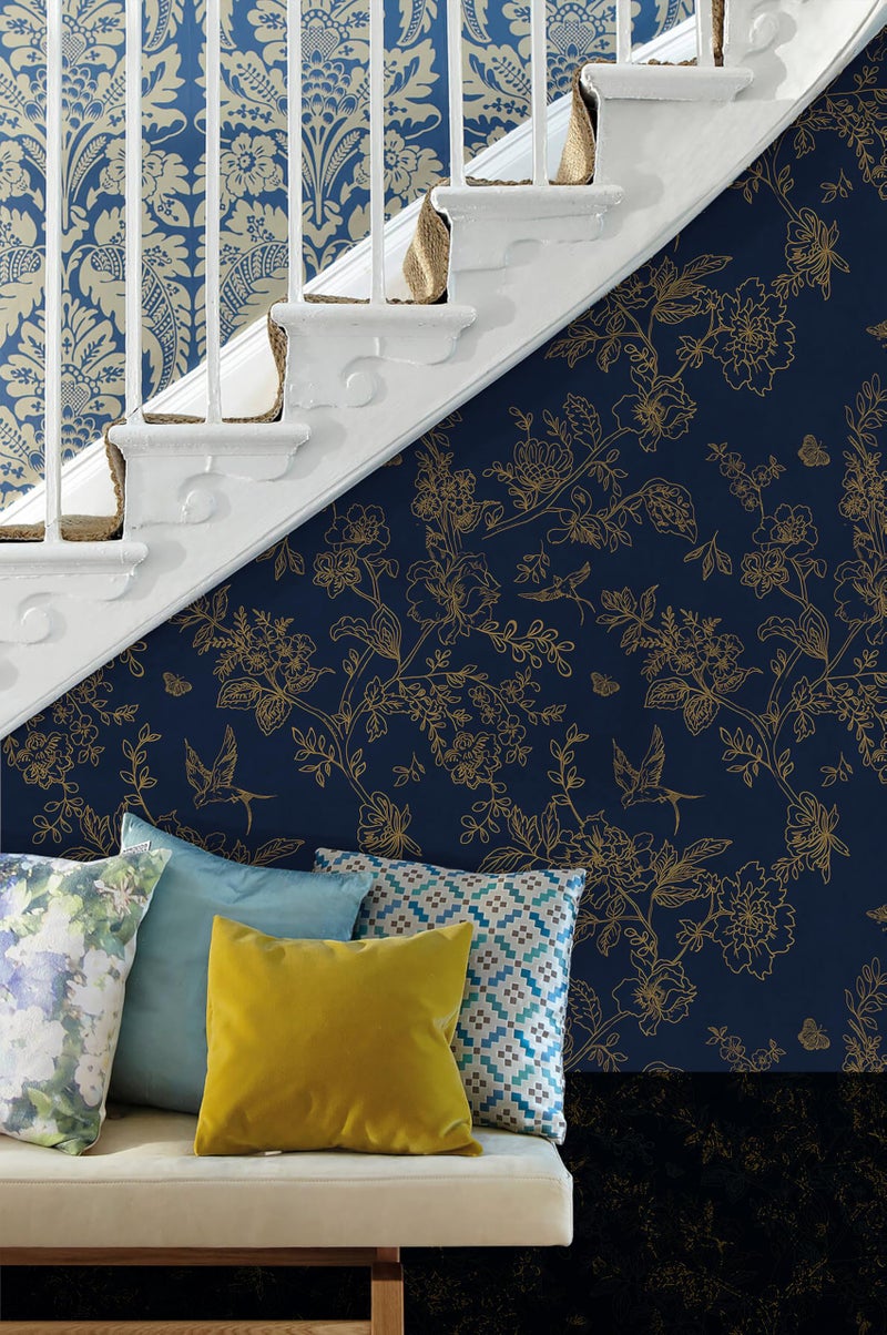 Froluya Dark Blue and Gold Vintage Floral Peel and Stick Wallpaper 17.7"x393.7" Dark Blue Floral Wallpaper Peel and Stick Removable Self Adhesive Wall Paper for Bathroom Bedroom Decorative Vinyl - Image 3