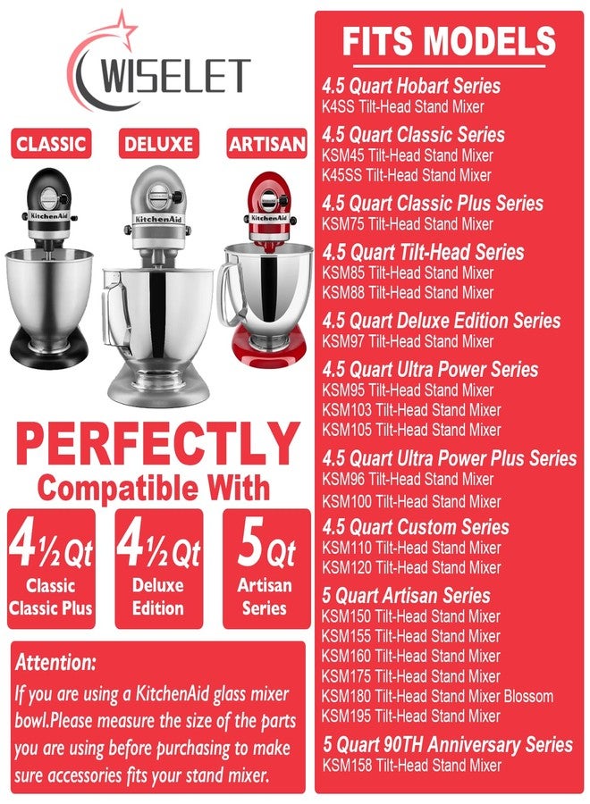 Wiselet Stainless Steel Accessories for KitchenAid 4.5-5 Qt Tilt Head Stand Mixer, Includes 6 Wire Whisk, Flat Beater, Dough Hook for KitchenAid, Dishwasher Safe and Heavy Duty, Fits for KSM45, KSM150 - Image 4