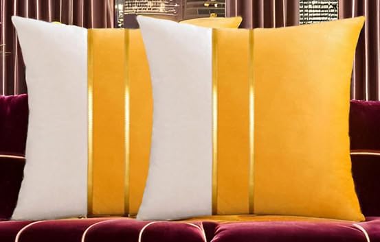 HIMS Velvet Sofa Pillow Cover Set of 2, Cushion Covers 16 inch x 16 inch for Cushion Covers Decor Living Room Sofa Bedroom Car (Yellow/White, 16x16 Inch) - Image 1