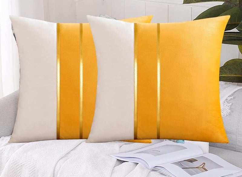 HIMS Velvet Sofa Pillow Cover Set of 2, Cushion Covers 16 inch x 16 inch for Cushion Covers Decor Living Room Sofa Bedroom Car (Yellow/White, 16x16 Inch) - Image 4