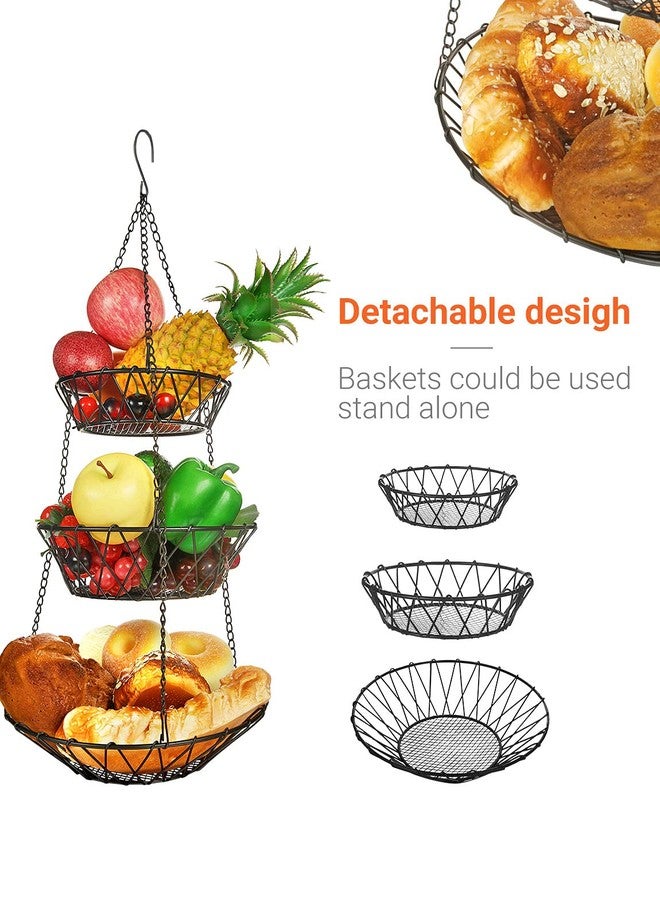 سلة معلقة من 3 طبقات من ويليزر مع خطافات تعليق بسلسلة معدنية متينة، سلة فواكه وخضراوات، منظم سلكي شديد التحمل، موفر للمساحة، تصميم ريفي أنيق، تخزين مطبخ - Image 4