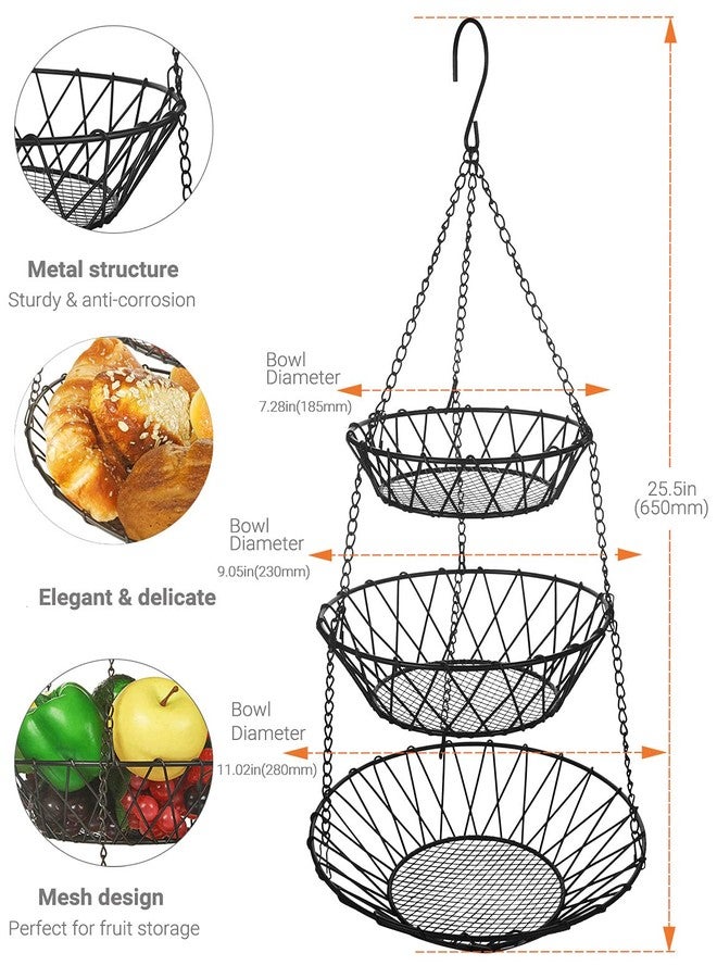 سلة معلقة من 3 طبقات من ويليزر مع خطافات تعليق بسلسلة معدنية متينة، سلة فواكه وخضراوات، منظم سلكي شديد التحمل، موفر للمساحة، تصميم ريفي أنيق، تخزين مطبخ - Image 5