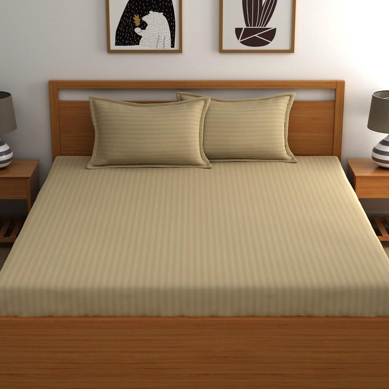 Dreamscape 210 Tc Microfibre 1 Bedsheet and 2pillow Covers Striped Double Khaki - Image 2