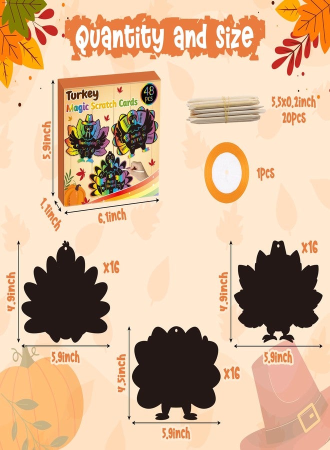 CY2SIDE CY2CSIDE Thanksgiving Turkey Scratch Cards - 48PCS Fall Thanksgiving Ornament Scratch Craft Card Gift Set for Kid DIY Turkey Magic Arty Rainbow Color Craft Kit for Kids School Activity - Image 2