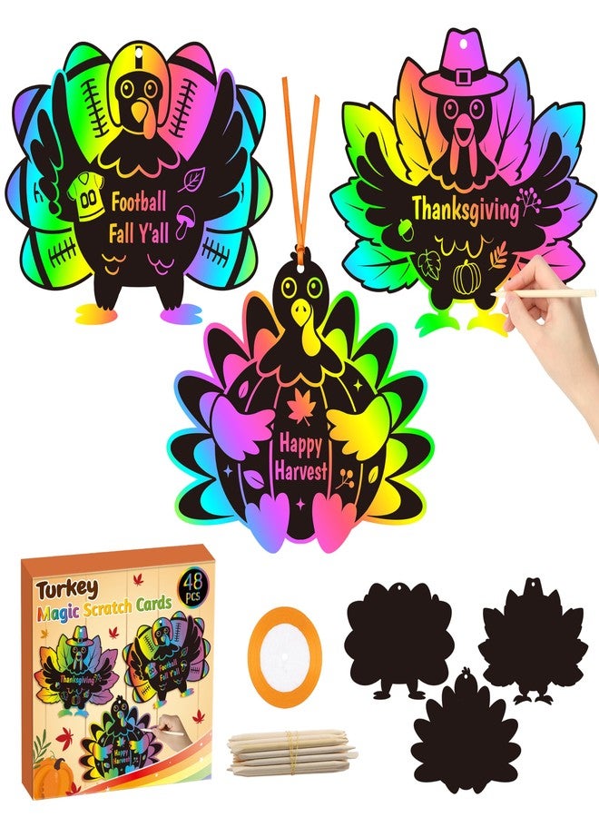 CY2SIDE CY2CSIDE Thanksgiving Turkey Scratch Cards - 48PCS Fall Thanksgiving Ornament Scratch Craft Card Gift Set for Kid DIY Turkey Magic Arty Rainbow Color Craft Kit for Kids School Activity - Image 1