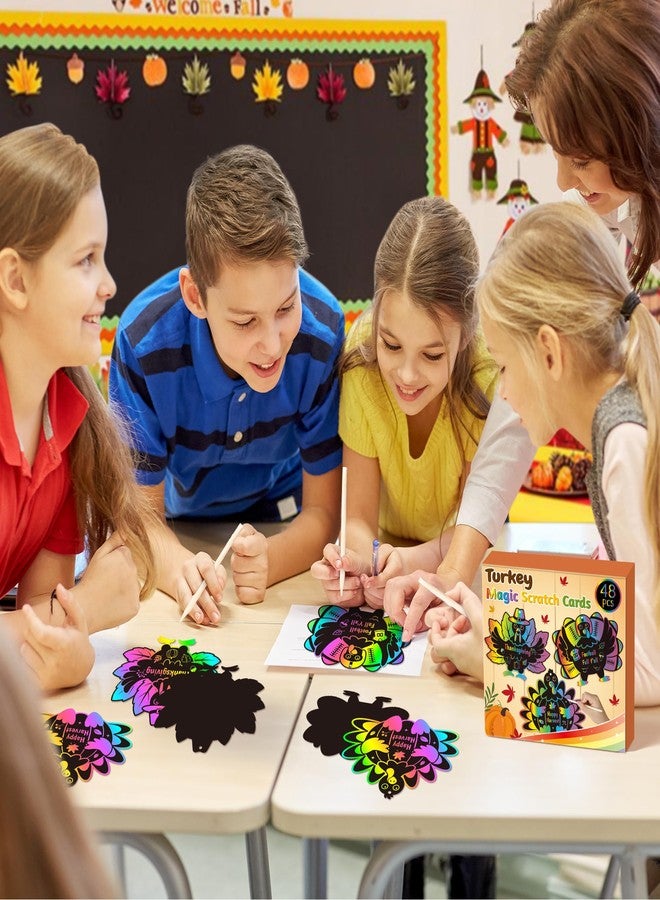 CY2SIDE CY2CSIDE Thanksgiving Turkey Scratch Cards - 48PCS Fall Thanksgiving Ornament Scratch Craft Card Gift Set for Kid DIY Turkey Magic Arty Rainbow Color Craft Kit for Kids School Activity - Image 4