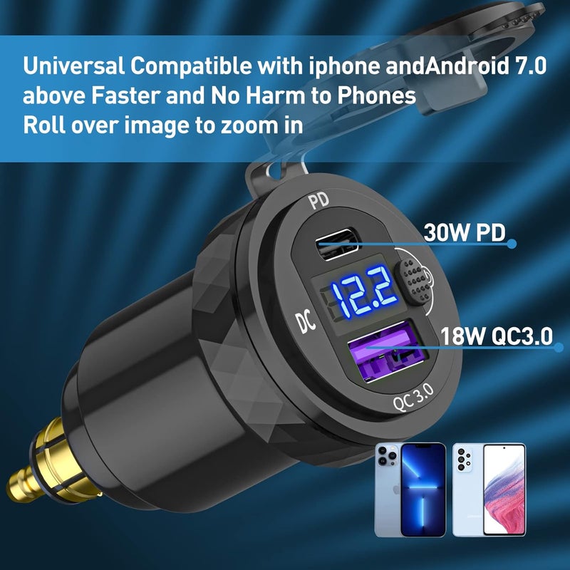 Cllena DIN Hella Plug to USB C PD 3.0 & Quick Charge 3.0 USB Charger Power Adapter with Voltmeter Display - Image 2