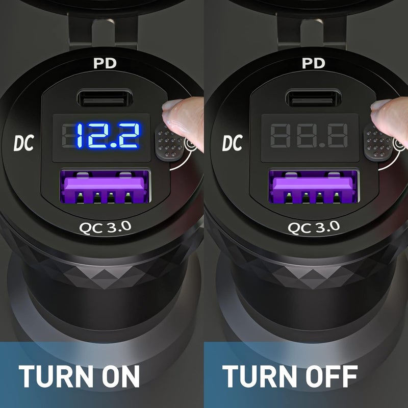 Cllena DIN Hella Plug to USB C PD 3.0 & Quick Charge 3.0 USB Charger Power Adapter with Voltmeter Display - Image 4