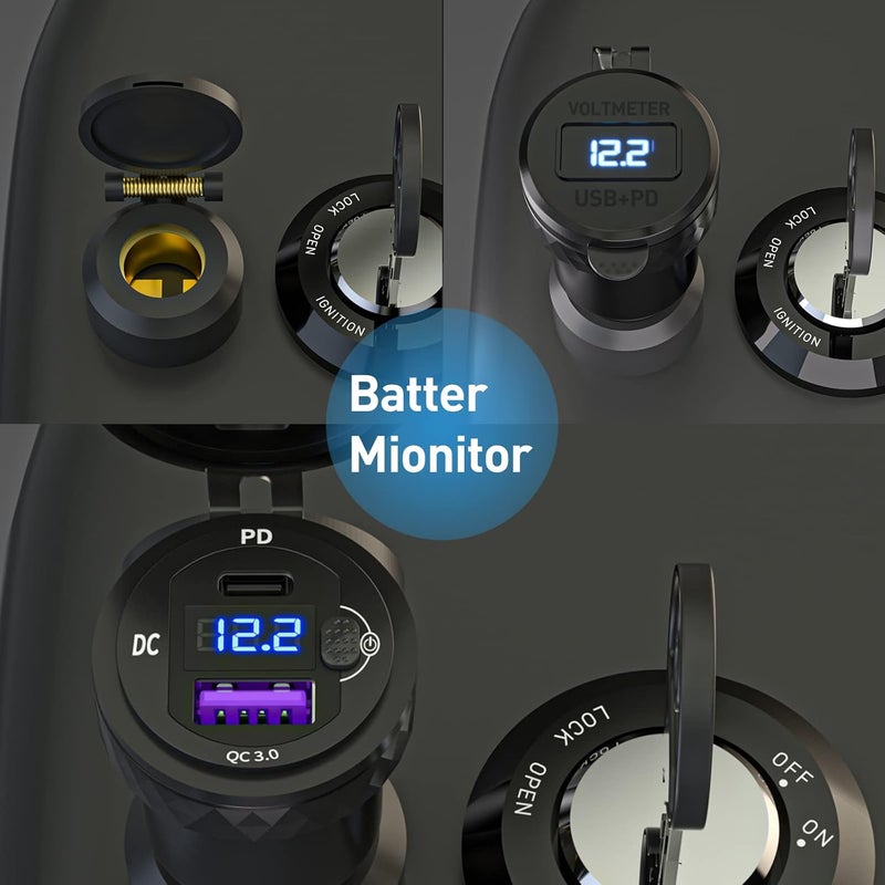Cllena DIN Hella Plug to USB C PD 3.0 & Quick Charge 3.0 USB Charger Power Adapter with Voltmeter Display - Image 5