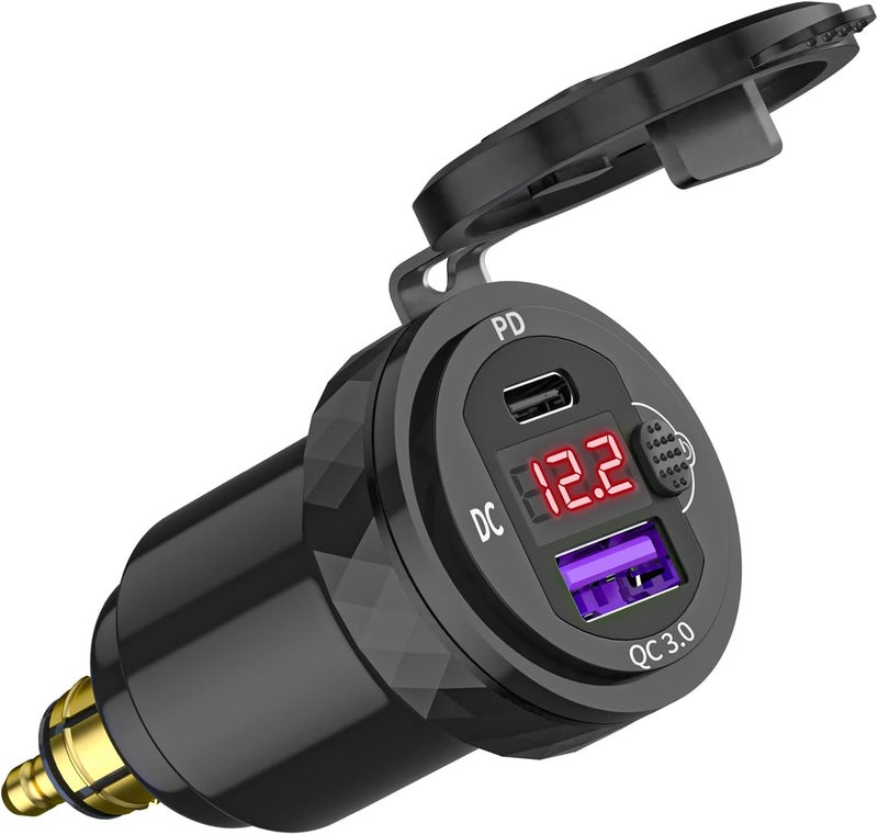 Cllena DIN Hella Plug to USB C PD 3.0 & Quick Charge 3.0 USB Charger Power Adapter with Voltmeter Display - Image 1