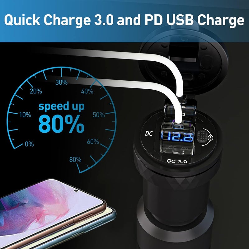 Cllena DIN Hella Plug to USB C PD 3.0 & Quick Charge 3.0 USB Charger Power Adapter with Voltmeter Display - Image 3