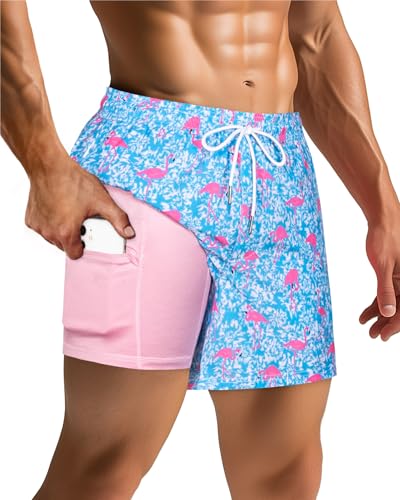 SURF CUZ Mens Swim Trunks with Compression Liner 5" Swim Shorts Quick Dry Bathing Suit Swimming Trunks Zipper Pockets Blue Wave Flamingo Medium - Image 4