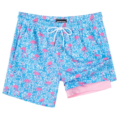 SURF CUZ Mens Swim Trunks with Compression Liner 5" Swim Shorts Quick Dry Bathing Suit Swimming Trunks Zipper Pockets Blue Wave Flamingo Medium - Image 1