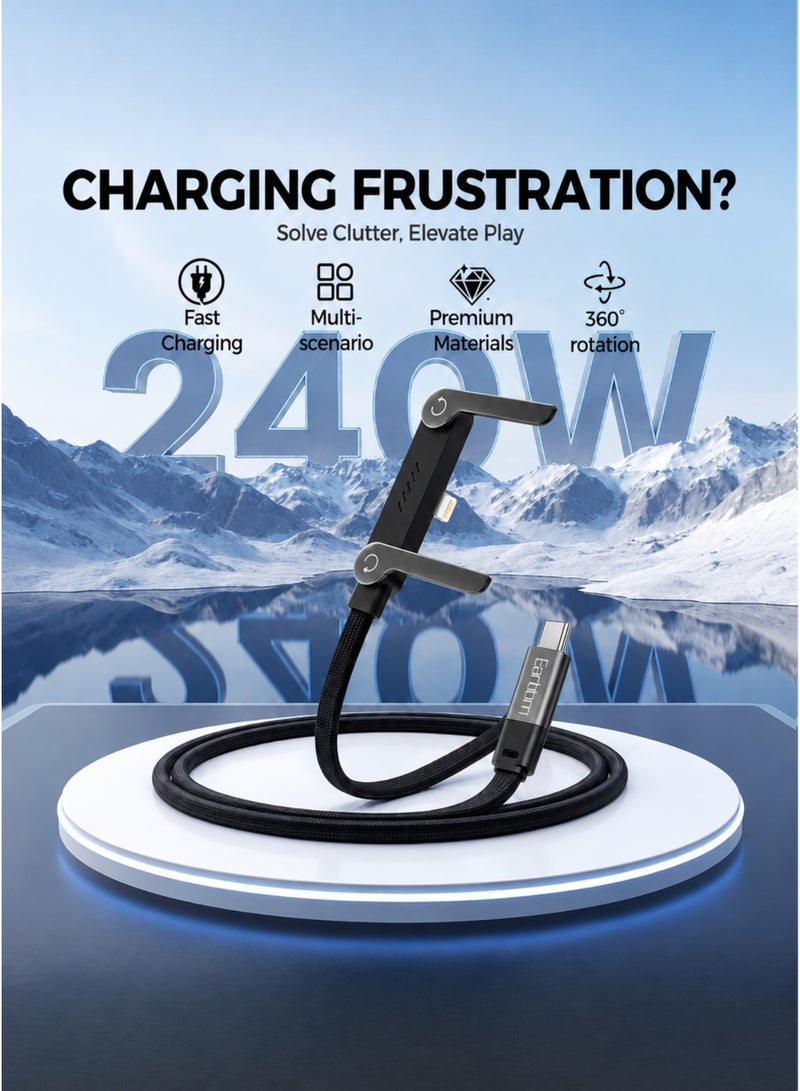 أيرلدوم كابل شحن سريع من Earldom 30 واط USB-C إلى Lightning مع حامل هاتف قابل للطي، كابل شاحن مجدول 1.5 متر من النوع C لأجهزة Apple iPhone وiPad Lightning Port، حامل هاتف قابل للتعديل 360 درجة، سلك شحن متين، أسود - Image 3