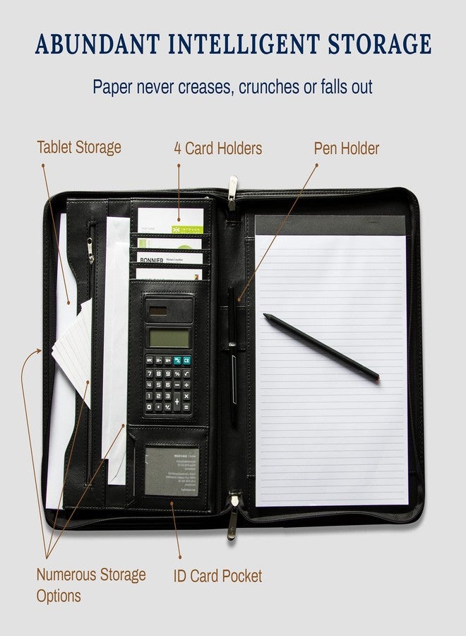 Cossini Black Superior Vegan Leather Business Portfolio with Zipper - Padfolio All-in-One. Smartest Protective 10.1 Inch Tablet Sleeve, Presentation Slot, Solar Calculator, Card Storage, Writing Pad - Image 2