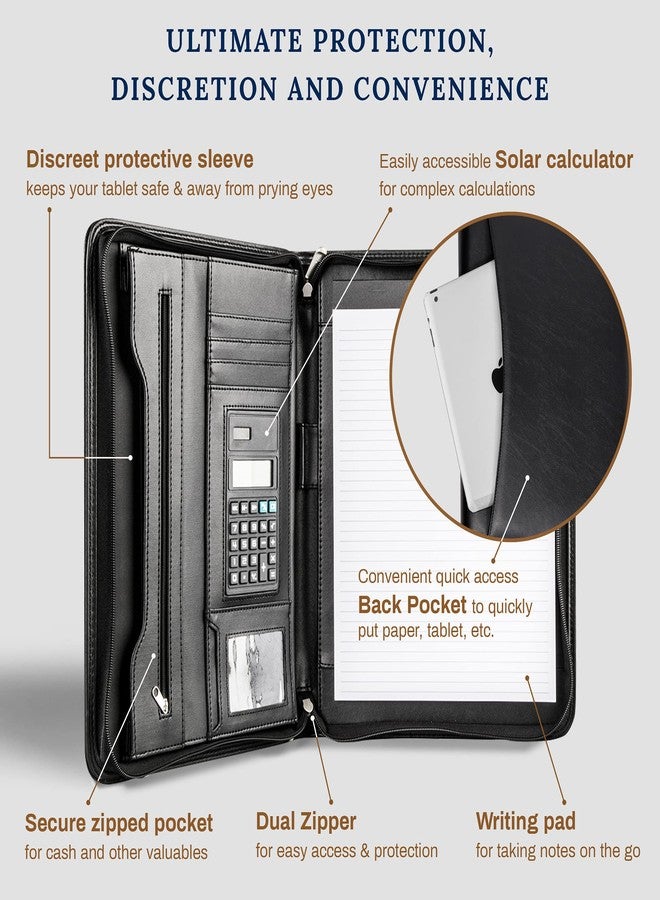 Cossini Black Superior Vegan Leather Business Portfolio with Zipper - Padfolio All-in-One. Smartest Protective 10.1 Inch Tablet Sleeve, Presentation Slot, Solar Calculator, Card Storage, Writing Pad - Image 3