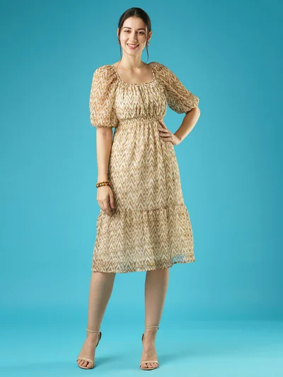 globus Women Animal Print Puff Sleeve Fit & Flare Dress