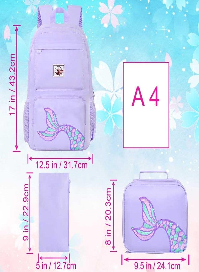 GXTVO 3PCS Girls Backpack, Water Resistant Aesthetic Bookbag with Lunch Box, 18 Inch Cute Anti Theft School Bag Set for College Teenagers Senior Junior Elementary - Purple Memaind - Image 4