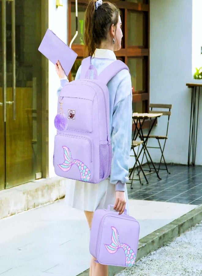 GXTVO 3PCS Girls Backpack, Water Resistant Aesthetic Bookbag with Lunch Box, 18 Inch Cute Anti Theft School Bag Set for College Teenagers Senior Junior Elementary - Purple Memaind - Image 2