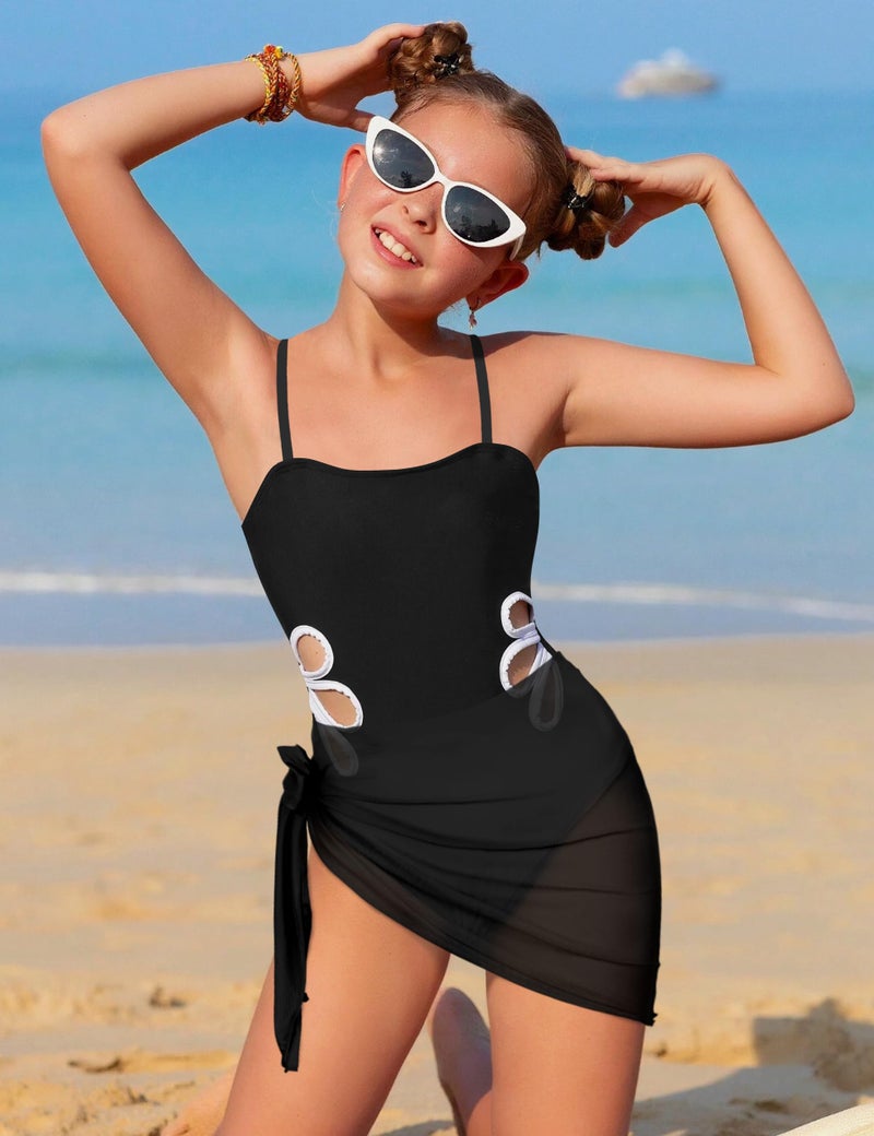 TALLWH Girl Swimsuit, Adjustable Straps Cut Out One Piece Swimsuit with Solid Color Cover Up Skirt Teen Bathing Suits for Girls 12-14 Girls' Swimwear - Image 3
