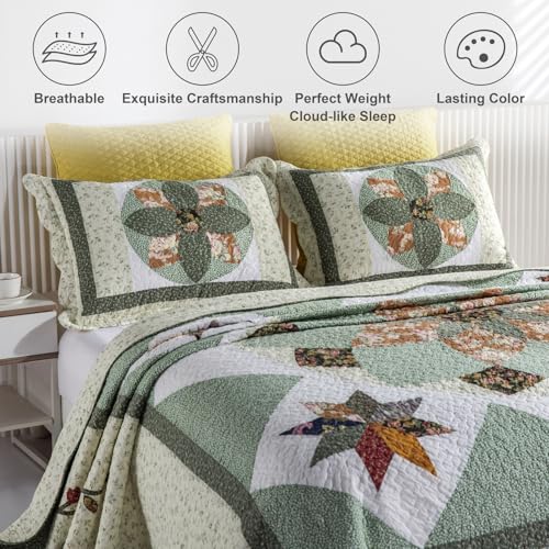 YAYIDAY Quilt King Size Patchwork Bedspread Set - 100% Cotton Reversible Breathable Green Earth Geometric Quilted Quilt with Pillow Shams for All Seasons - Image 3