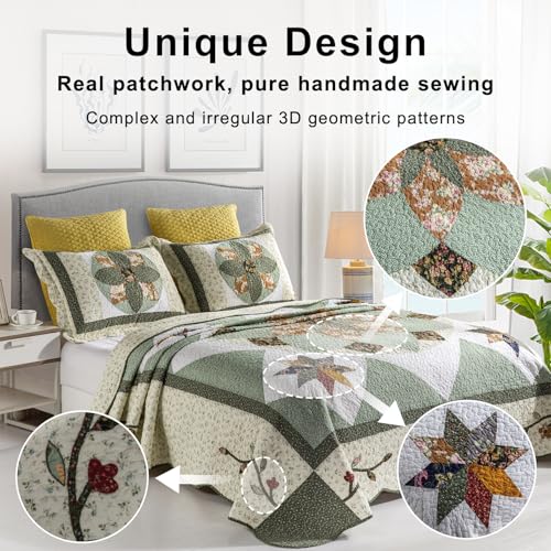 YAYIDAY Quilt King Size Patchwork Bedspread Set - 100% Cotton Reversible Breathable Green Earth Geometric Quilted Quilt with Pillow Shams for All Seasons - Image 2