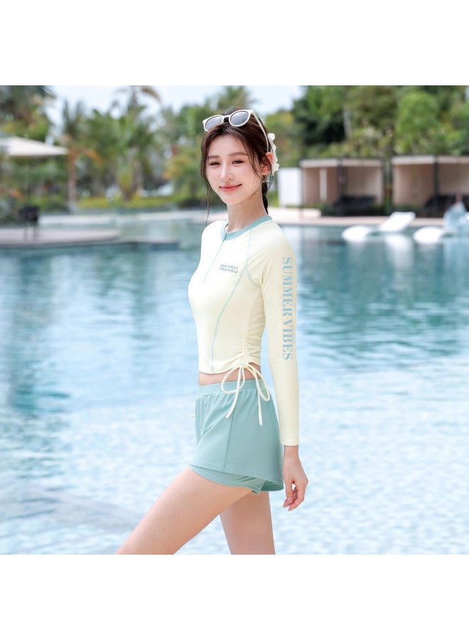 F.dyraa Women's Two-piece Swimsuit Slimming Tummy Control Long Sleeve Spa Swimwear Four-piece Set 15272 Blue 2XL - Image 1