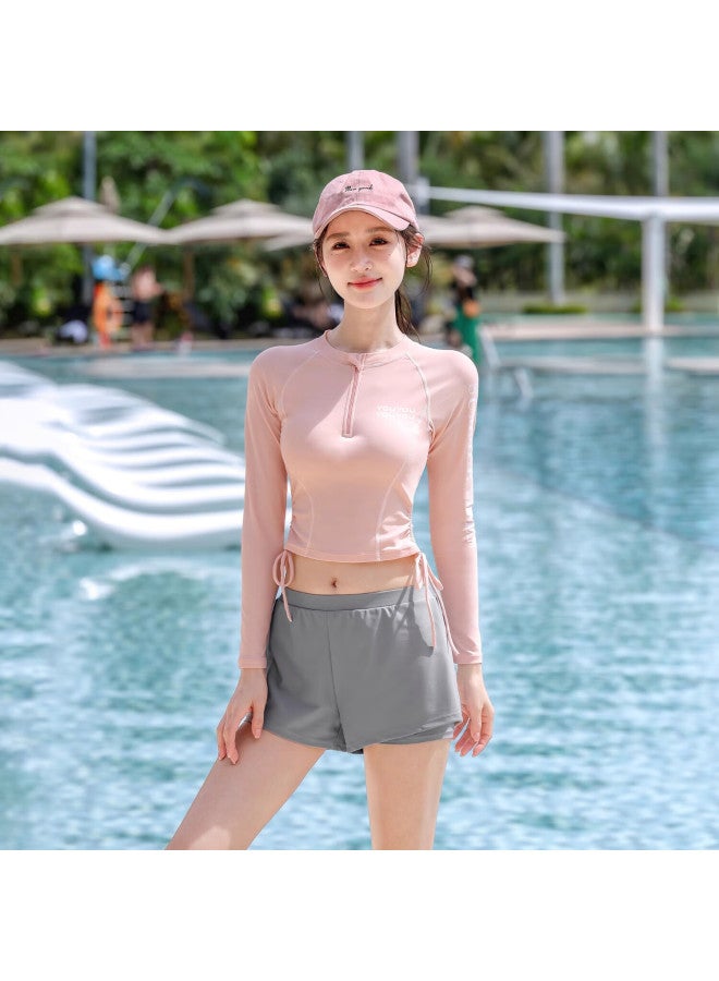 F.dyraa Women's Two-piece Swimsuit Slimming Tummy Control Long Sleeve Spa Swimwear Four-piece Set 15272 Blue 2XL - Image 2