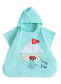 Milk&Moo Milk&Moo Sailor Octopus Kids Poncho, %100 Cotton, Hooded Beach Towels for Kids, Open Sided, Ultra Soft and Absorbent, Fun Animal Design, Surf Poncho, One Size, 22.5x24 inch (57x61 cm), Blue  - Image 1