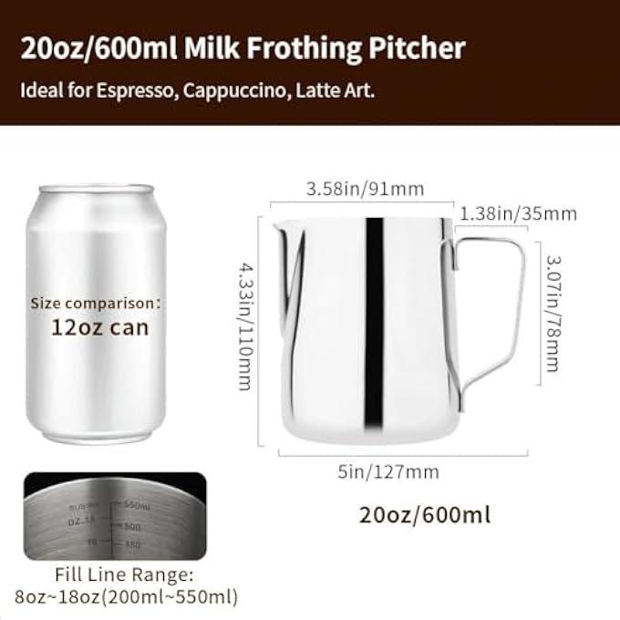 WATCHGET Milk Frothing Pitcher 20Oz600Ml  Espresso Steaming Pitcher Stainless Steel Milk Frothing Pitcher Cappuccino Latte Art Coffee Machine Accessories Milk Jug Milk Frother Cup Silver - Image 3