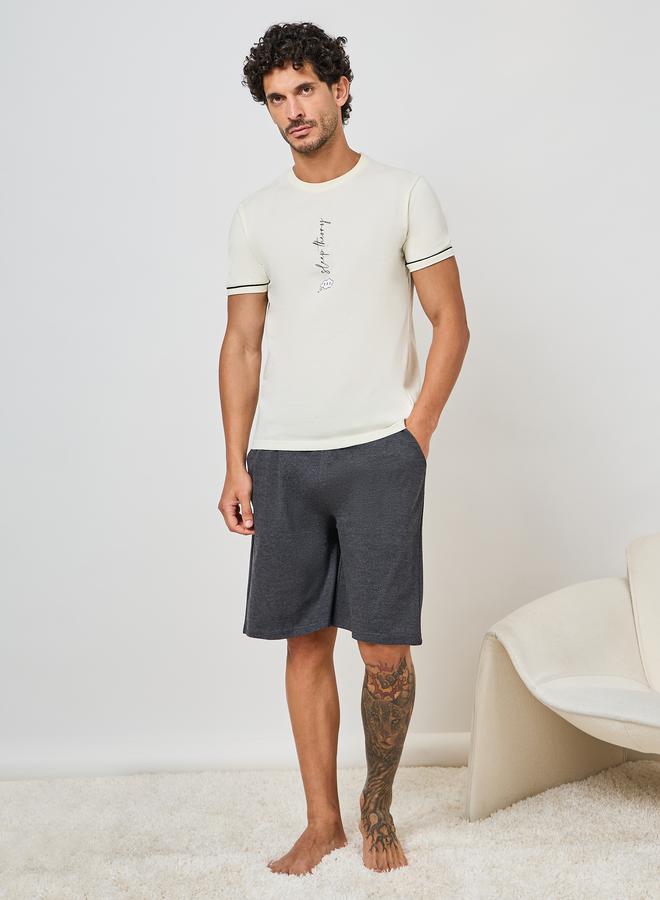 Slogan Print T-Shirt & Plain Shorts Set