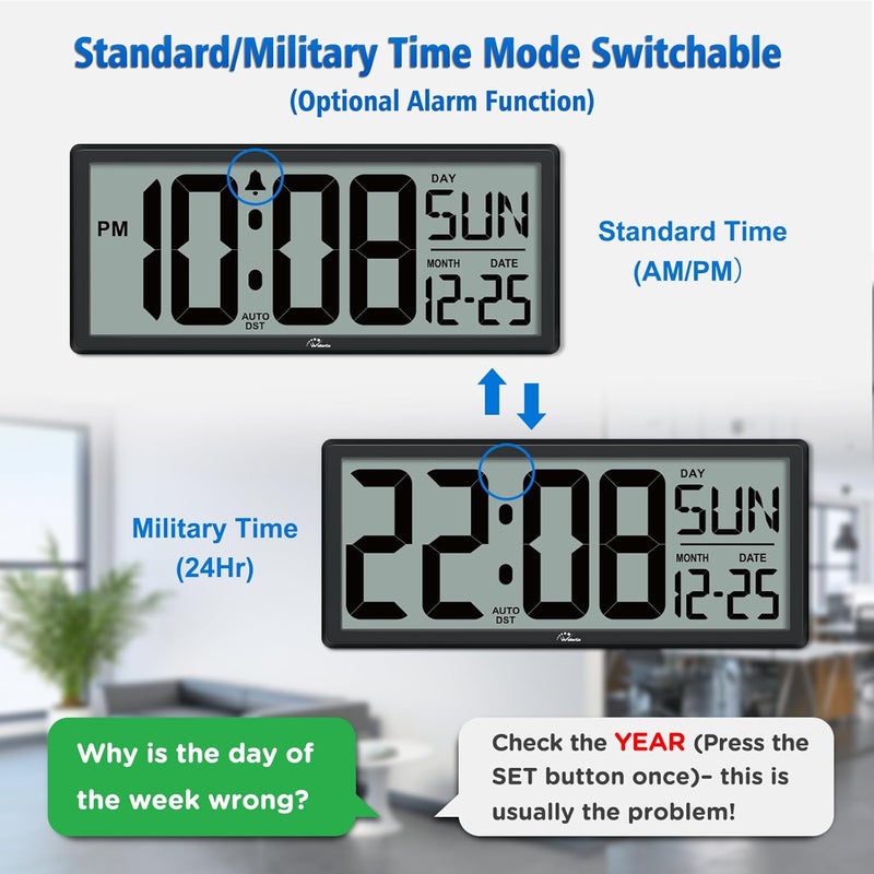 WallarGe 14.5'' Large Digital Wall Clock Battery Operated with Jumbo Numbers, Temperature and Date - Easy to Read and Set, Auto DST - Image 4