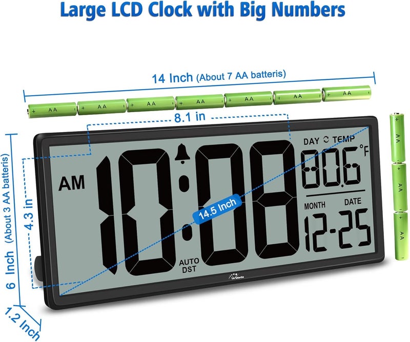 WallarGe 14.5'' Large Digital Wall Clock Battery Operated with Jumbo Numbers, Temperature and Date - Easy to Read and Set, Auto DST - Image 5