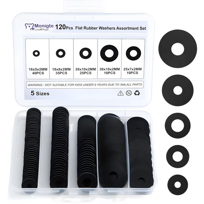 Monigte 120Pcs Flat Rubber Washers Assortment Kit,16/18/20/25/30mm Black Washer,Vibration Absorbing Pads Sealing Rubber Washers for Faucets Garden Bolts Screws Hose Plumbing Shower Head- 5 Sizes - Image 1