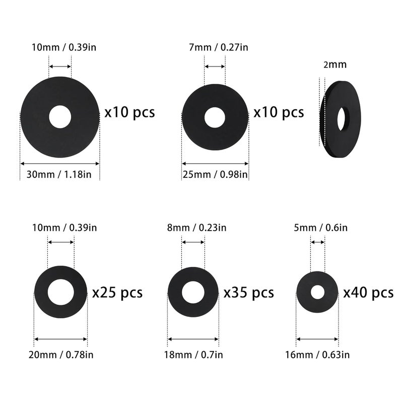 Monigte 120Pcs Flat Rubber Washers Assortment Kit,16/18/20/25/30mm Black Washer,Vibration Absorbing Pads Sealing Rubber Washers for Faucets Garden Bolts Screws Hose Plumbing Shower Head- 5 Sizes - Image 2