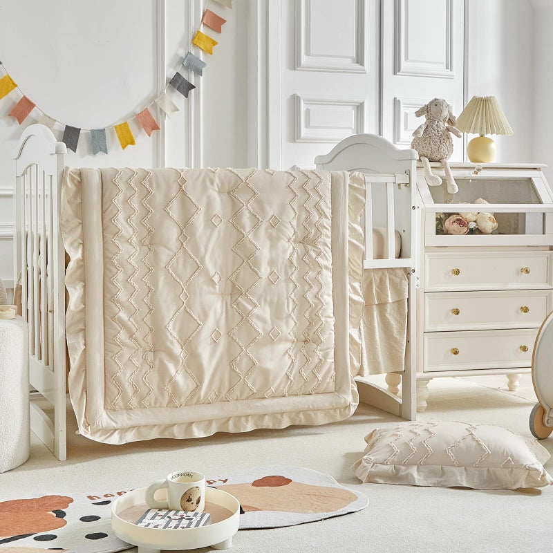 AIKASY The Ruffled Shabby Crib Bedding Set for Girls, Baby Quilted Comforter with Fitted Sheet, Bed Skirt, and Pillowcase. - Image 2