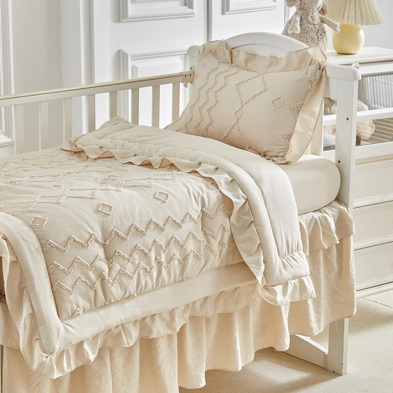AIKASY The Ruffled Shabby Crib Bedding Set for Girls, Baby Quilted Comforter with Fitted Sheet, Bed Skirt, and Pillowcase. - Image 3