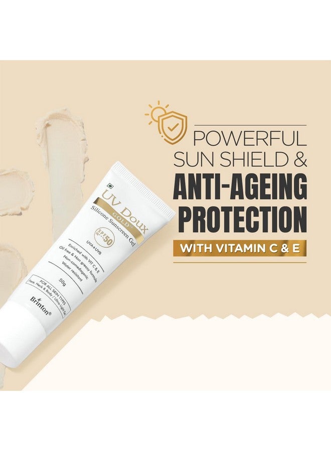 Brinton UV Doux Gold Silicone Sunscreen Gel SPF 50 PA+++ Enriched With Vitamin C & E | Water Resistant, Oil Free & Non- Greasy | UVA/UVB With Broad Spectrum | For All Skin Types, 50 g (Pack of 2) - Image 2