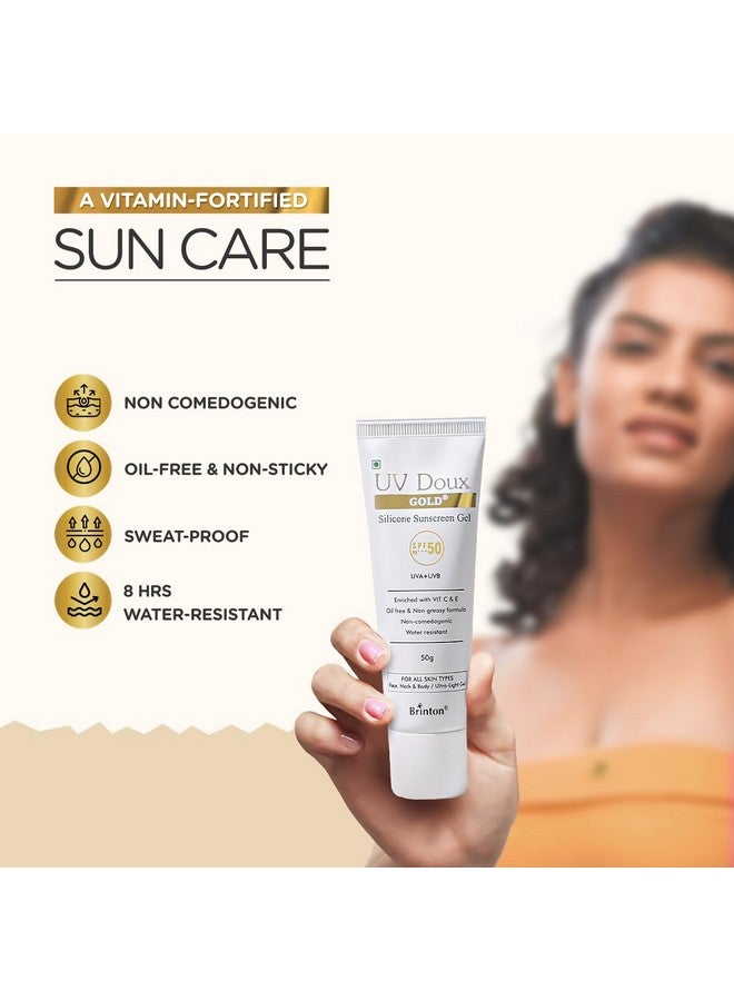 Brinton UV Doux Gold Silicone Sunscreen Gel SPF 50 PA+++ Enriched With Vitamin C & E | Water Resistant, Oil Free & Non- Greasy | UVA/UVB With Broad Spectrum | For All Skin Types, 50 g (Pack of 2) - Image 4