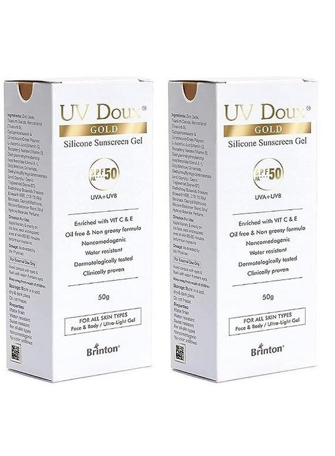 Brinton UV Doux Gold Silicone Sunscreen Gel SPF 50 PA+++ Enriched With Vitamin C & E | Water Resistant, Oil Free & Non- Greasy | UVA/UVB With Broad Spectrum | For All Skin Types, 50 g (Pack of 2) - Image 1
