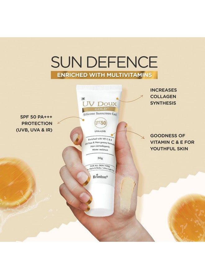 Brinton UV Doux Gold Silicone Sunscreen Gel SPF 50 PA+++ Enriched With Vitamin C & E | Water Resistant, Oil Free & Non- Greasy | UVA/UVB With Broad Spectrum | For All Skin Types, 50 g (Pack of 2) - Image 3